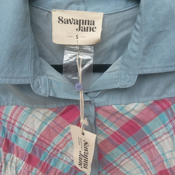 Savanna Jane Pink Blue Button Down Shirt Plaid Embroidered Back Small Western - Picture 4 of 7